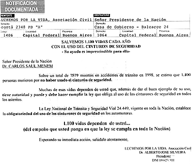 Carta documento enviada al Presidente de la Nacin